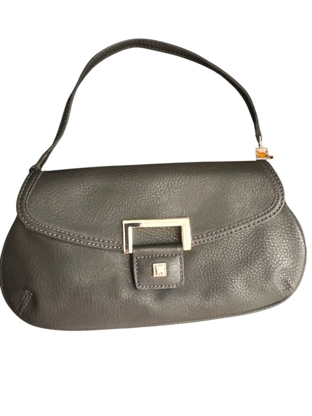 Liz Claiborne Black Faux Leather Shoulder Bag Gold Buckle Accent Compact Design